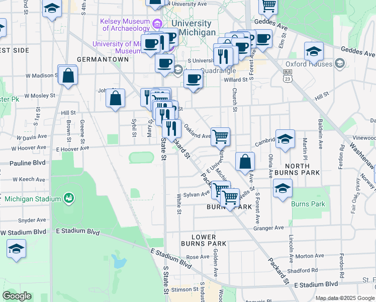 map of restaurants, bars, coffee shops, grocery stores, and more near 811 Packard Street in Ann Arbor