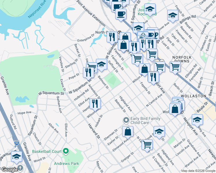 map of restaurants, bars, coffee shops, grocery stores, and more near 88 Holbrook Road in Quincy