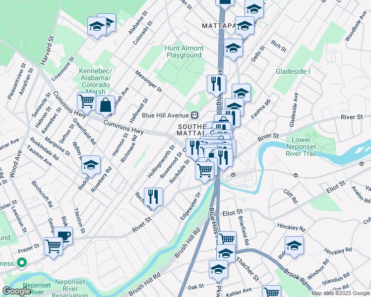 map of restaurants, bars, coffee shops, grocery stores, and more near 820 Cummins Highway in Boston