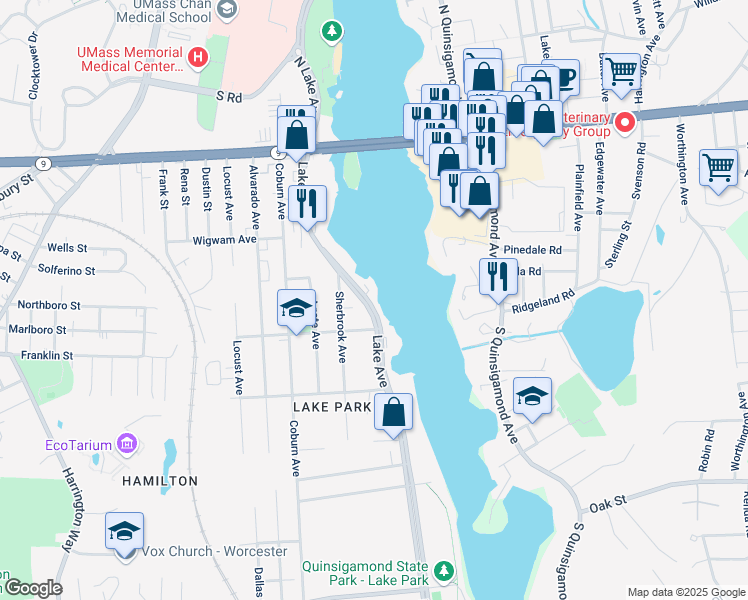 map of restaurants, bars, coffee shops, grocery stores, and more near 119 Lake Avenue in Worcester