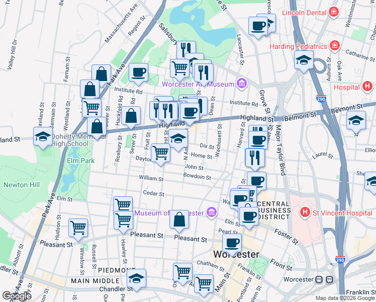 map of restaurants, bars, coffee shops, grocery stores, and more near 38 Dix Street in Worcester