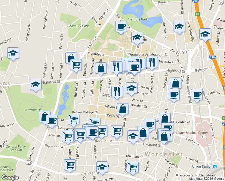 map of restaurants, bars, coffee shops, grocery stores, and more near 5 Berkshire Street in Worcester