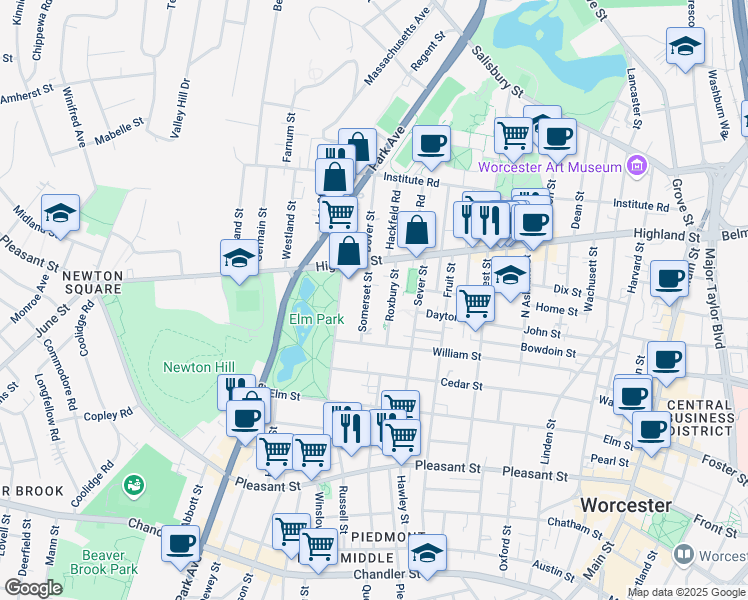 map of restaurants, bars, coffee shops, grocery stores, and more near 35 Somerset Street in Worcester