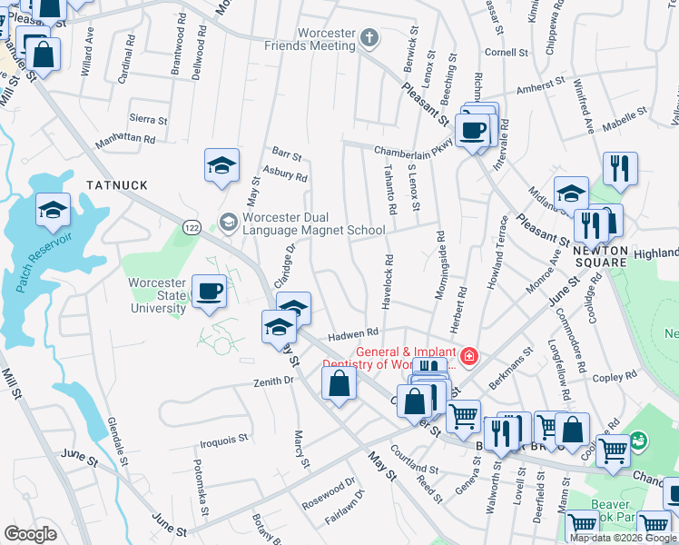map of restaurants, bars, coffee shops, grocery stores, and more near 40 Westview Road in Worcester