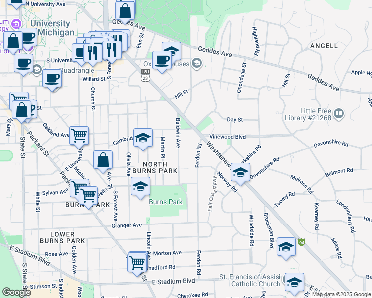 map of restaurants, bars, coffee shops, grocery stores, and more near 1019 Baldwin Avenue in Ann Arbor