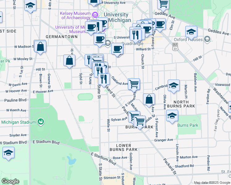 map of restaurants, bars, coffee shops, grocery stores, and more near 741 Packard Street in Ann Arbor