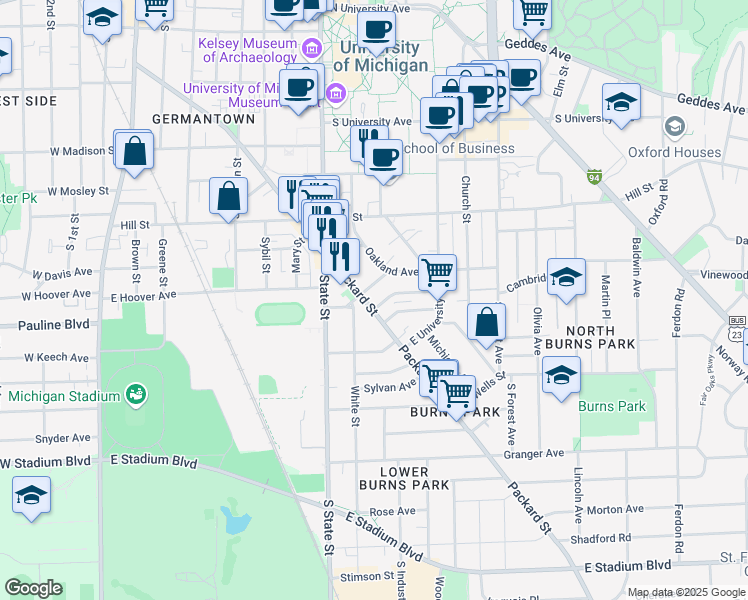 map of restaurants, bars, coffee shops, grocery stores, and more near 741 Packard Street in Ann Arbor