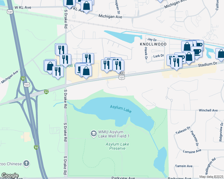 map of restaurants, bars, coffee shops, grocery stores, and more near 4211 Stadium Drive in Kalamazoo