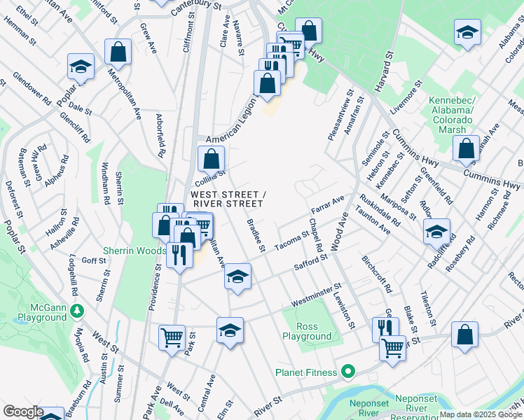 map of restaurants, bars, coffee shops, grocery stores, and more near 22 Bradlee Court in Boston