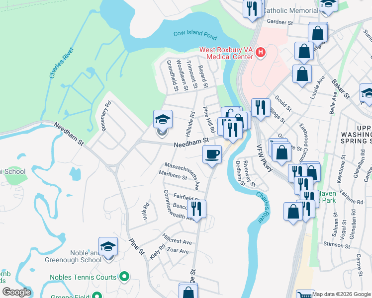 map of restaurants, bars, coffee shops, grocery stores, and more near 89 Needham Street in Dedham