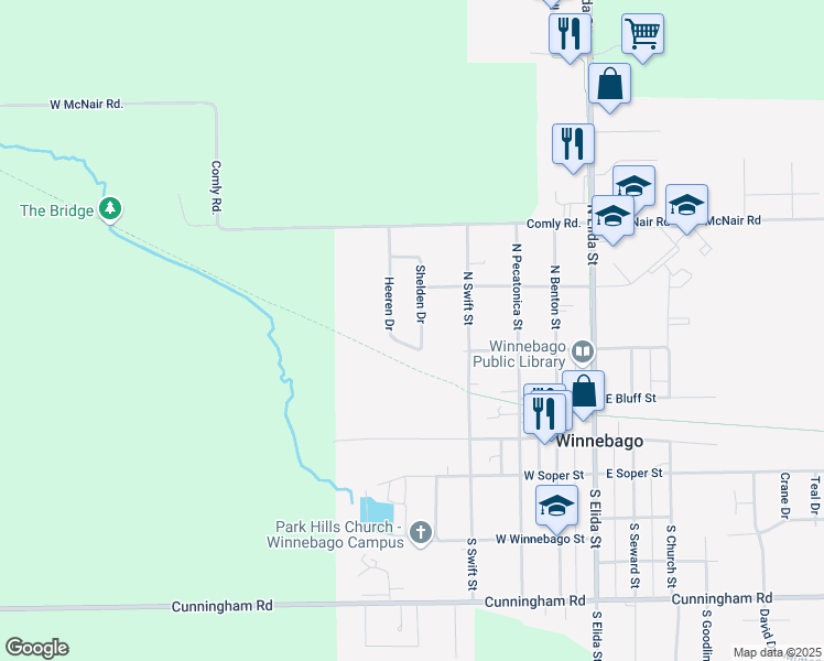 map of restaurants, bars, coffee shops, grocery stores, and more near 310 Shelden Drive in Winnebago