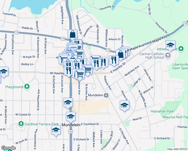 map of restaurants, bars, coffee shops, grocery stores, and more near 409 North Chicago Avenue in Mundelein