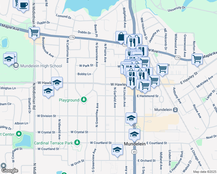 map of restaurants, bars, coffee shops, grocery stores, and more near 233 Chandler Drive in Mundelein