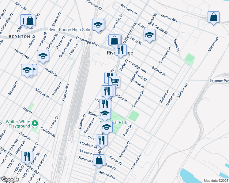 map of restaurants, bars, coffee shops, grocery stores, and more near 45 Elm Street in River Rouge
