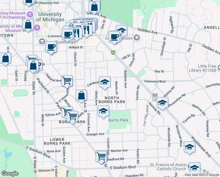 map of restaurants, bars, coffee shops, grocery stores, and more near 1015 Lincoln Avenue in Ann Arbor