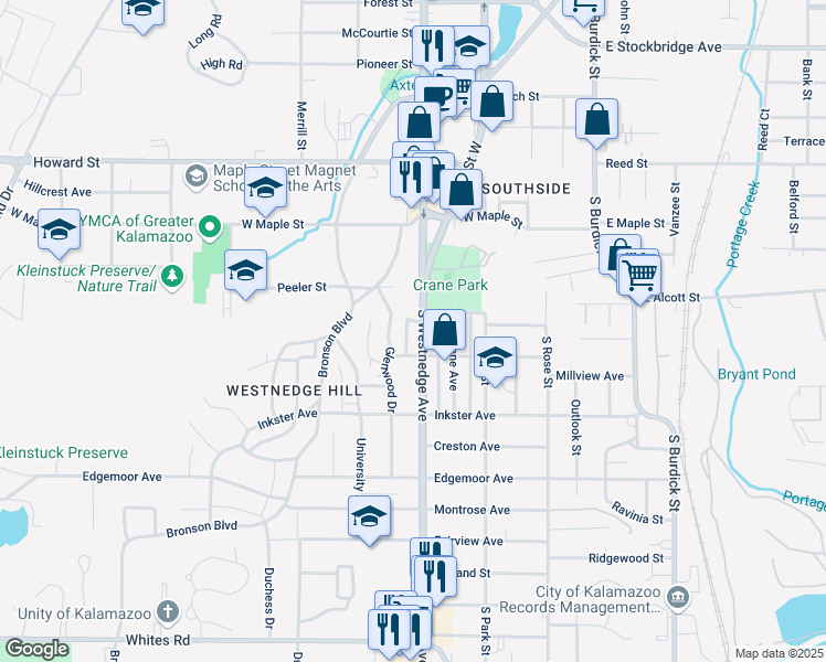 map of restaurants, bars, coffee shops, grocery stores, and more near 2112 South Westnedge Avenue in Kalamazoo