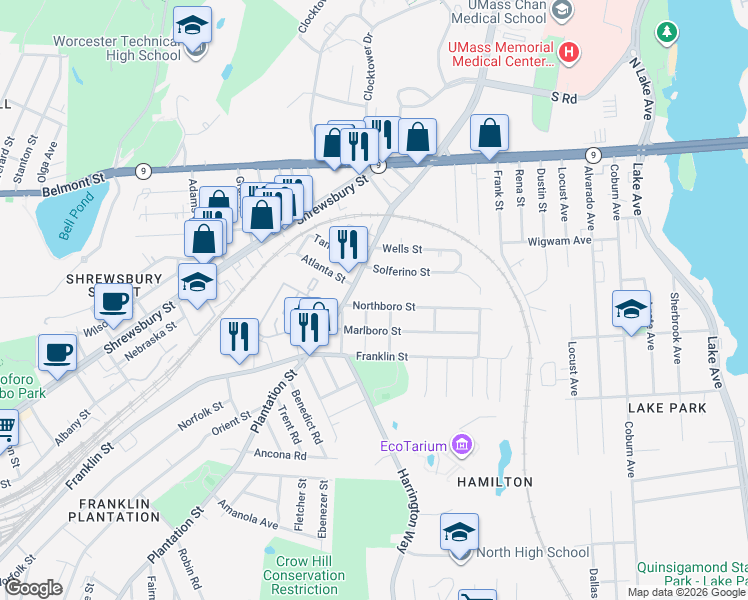 map of restaurants, bars, coffee shops, grocery stores, and more near 5 Northboro Street in Worcester