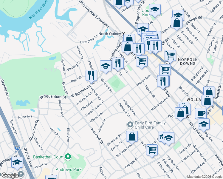 map of restaurants, bars, coffee shops, grocery stores, and more near 88 Holbrook Road in Quincy