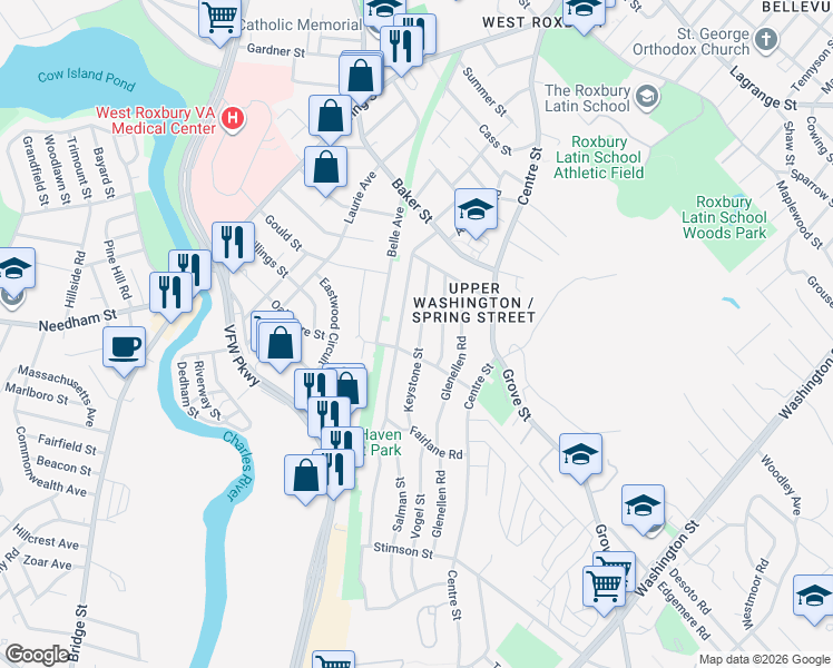 map of restaurants, bars, coffee shops, grocery stores, and more near 28 Keystone Street in Boston