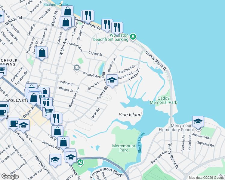 map of restaurants, bars, coffee shops, grocery stores, and more near 248 Fenno Street in Quincy