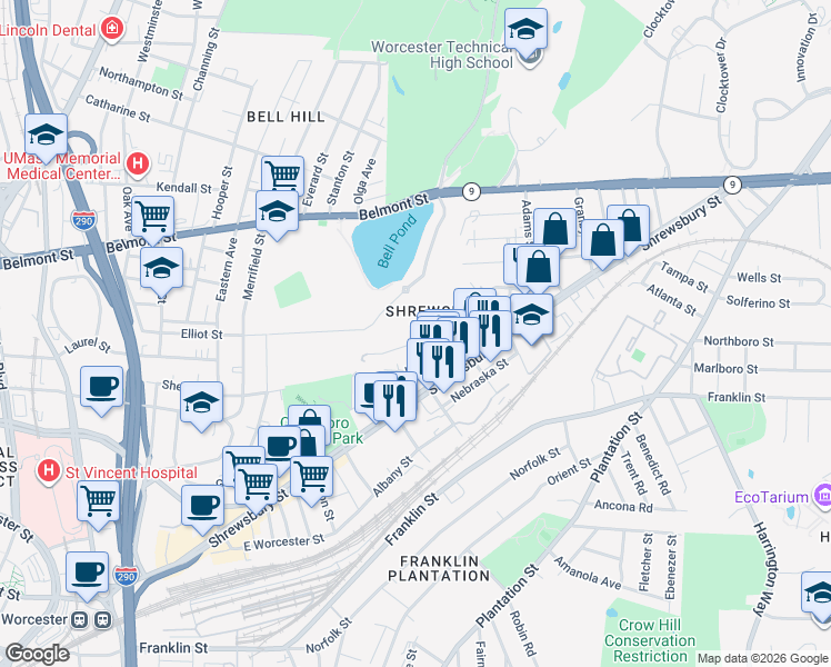 map of restaurants, bars, coffee shops, grocery stores, and more near 31A Chilmark Street in Worcester