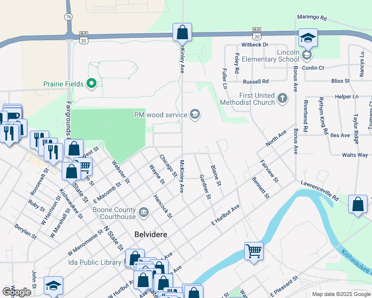 map of restaurants, bars, coffee shops, grocery stores, and more near 909 McKinley Avenue in Belvidere