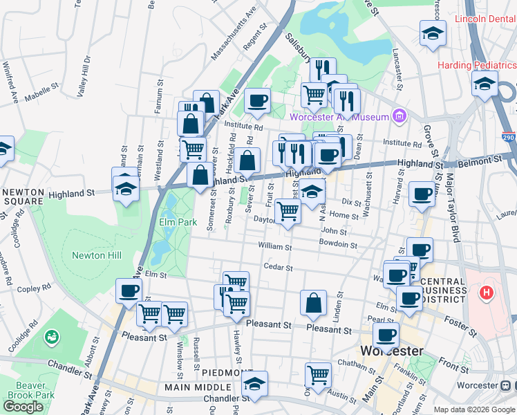 map of restaurants, bars, coffee shops, grocery stores, and more near 78 Sever Street in Worcester