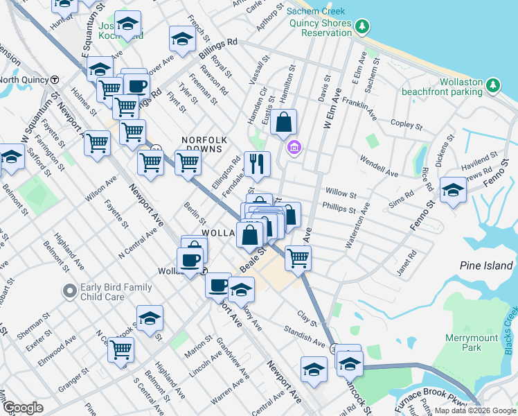 map of restaurants, bars, coffee shops, grocery stores, and more near 34 Willet Street in Quincy