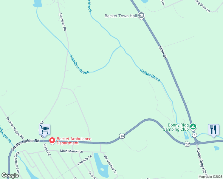 map of restaurants, bars, coffee shops, grocery stores, and more near Stoney Brook Road in Becket