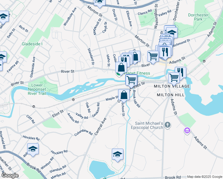 map of restaurants, bars, coffee shops, grocery stores, and more near 171 Eliot Street in Milton