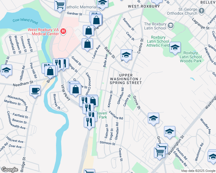 map of restaurants, bars, coffee shops, grocery stores, and more near 90 Belle Avenue in Boston