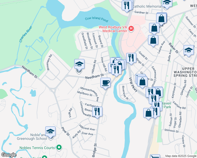 map of restaurants, bars, coffee shops, grocery stores, and more near 89 Needham Street in Dedham