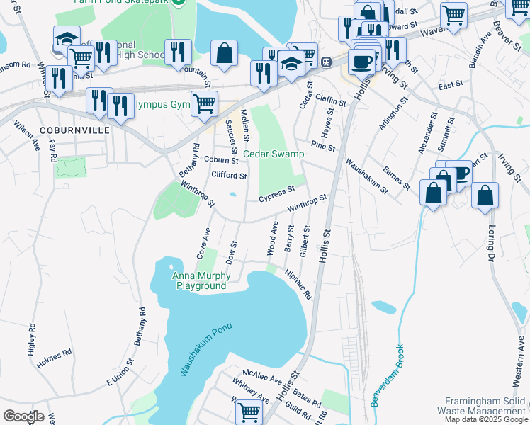 map of restaurants, bars, coffee shops, grocery stores, and more near 14 Cypress Street in Framingham