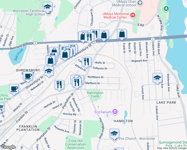 map of restaurants, bars, coffee shops, grocery stores, and more near 312 Plantation Street in Worcester