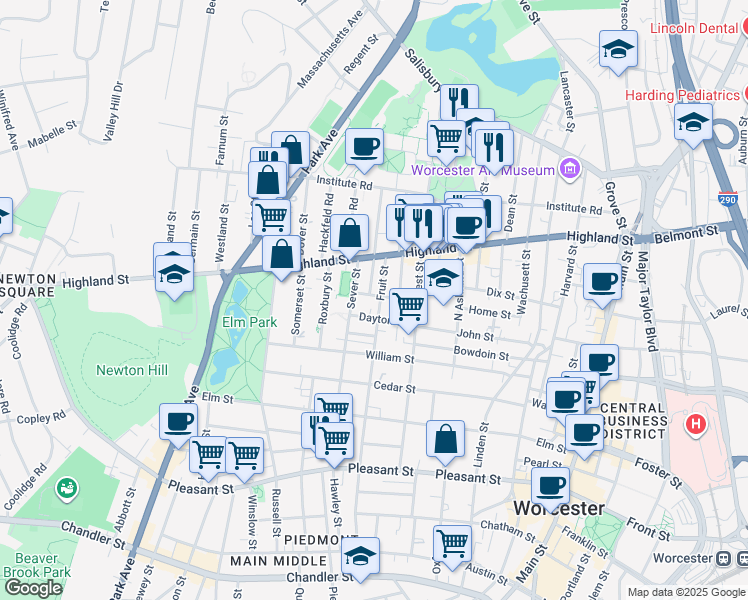 map of restaurants, bars, coffee shops, grocery stores, and more near 78 Sever Street in Worcester