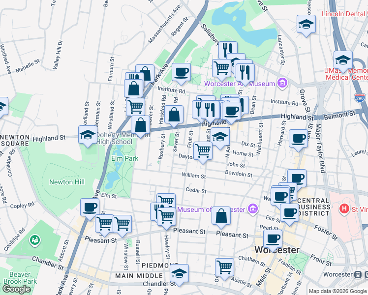 map of restaurants, bars, coffee shops, grocery stores, and more near 78 Sever Street in Worcester