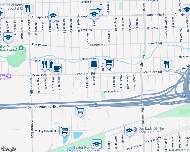 map of restaurants, bars, coffee shops, grocery stores, and more near 20640 Van Born Road in Dearborn Heights