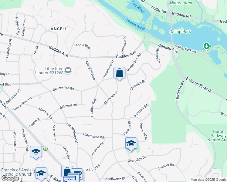 map of restaurants, bars, coffee shops, grocery stores, and more near 928 Aberdeen Drive in Ann Arbor