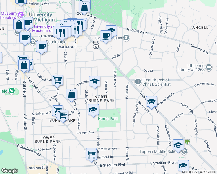 map of restaurants, bars, coffee shops, grocery stores, and more near in Ann Arbor