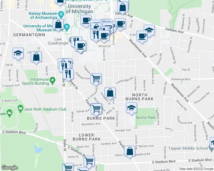 map of restaurants, bars, coffee shops, grocery stores, and more near 1000 Church Street in Ann Arbor
