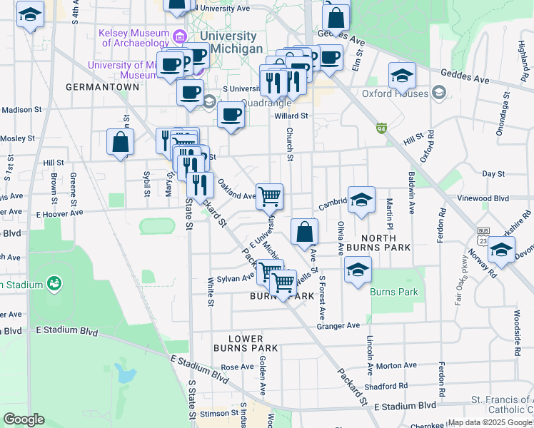 map of restaurants, bars, coffee shops, grocery stores, and more near 1036 Oakland Avenue in Ann Arbor