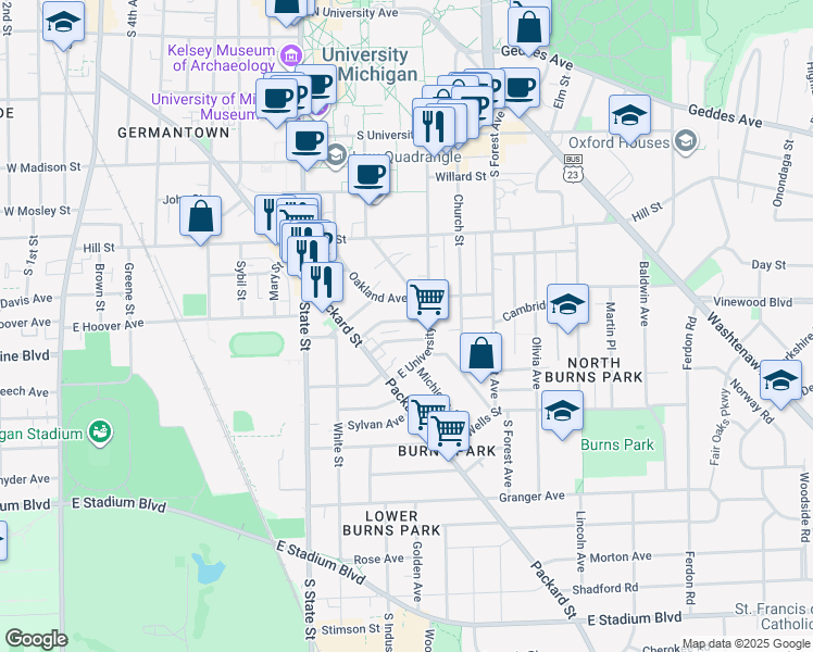 map of restaurants, bars, coffee shops, grocery stores, and more near 1036 Oakland Avenue in Ann Arbor