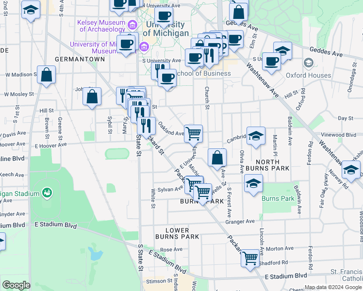 map of restaurants, bars, coffee shops, grocery stores, and more near 1008 Oakland Avenue in Ann Arbor