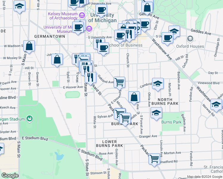 map of restaurants, bars, coffee shops, grocery stores, and more near 1000 Oakland Avenue in Ann Arbor