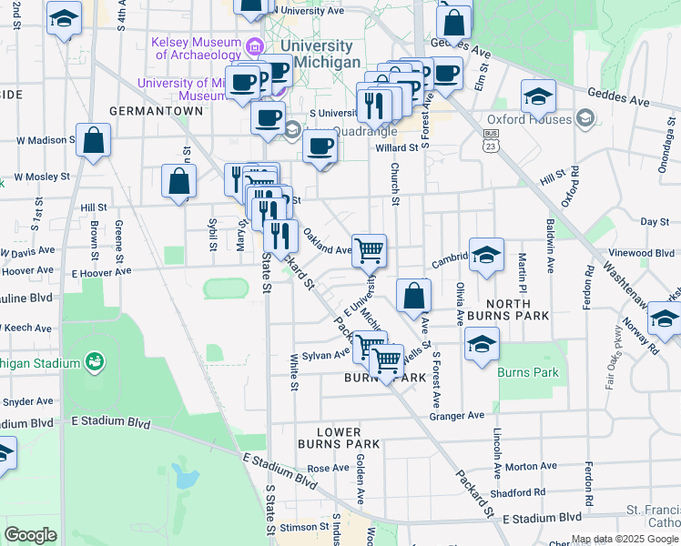 map of restaurants, bars, coffee shops, grocery stores, and more near 1000 Oakland Avenue in Ann Arbor