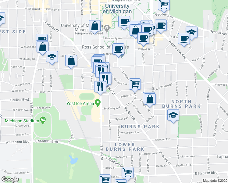 map of restaurants, bars, coffee shops, grocery stores, and more near 741 Packard Street in Ann Arbor