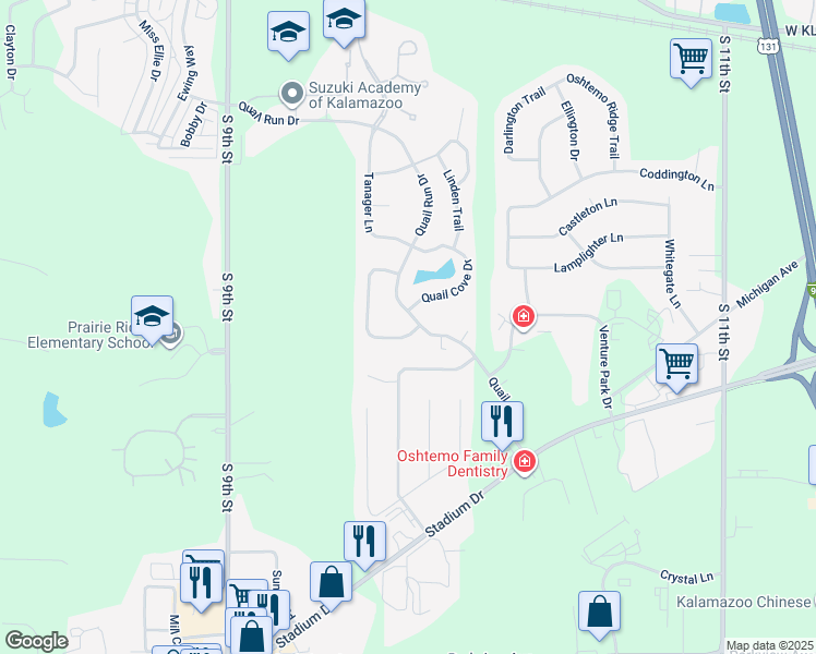 map of restaurants, bars, coffee shops, grocery stores, and more near 2012 Quail Run Drive in Kalamazoo