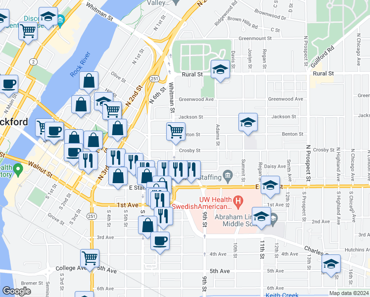 map of restaurants, bars, coffee shops, grocery stores, and more near in Rockford