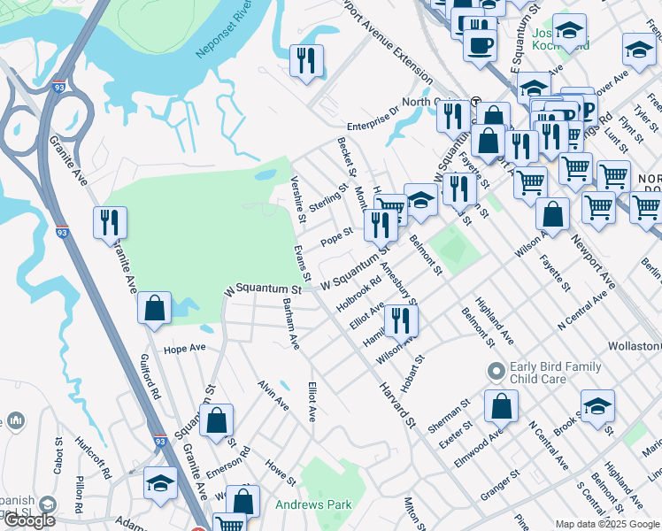 map of restaurants, bars, coffee shops, grocery stores, and more near 58 Pope Street in Quincy