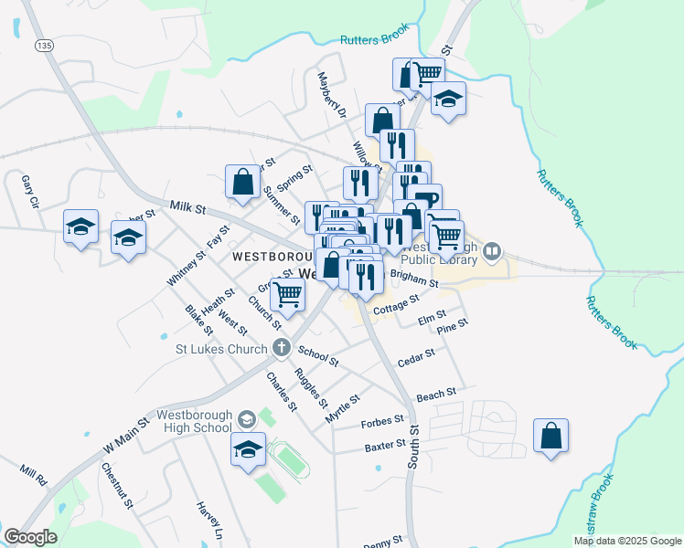 map of restaurants, bars, coffee shops, grocery stores, and more near in Westborough